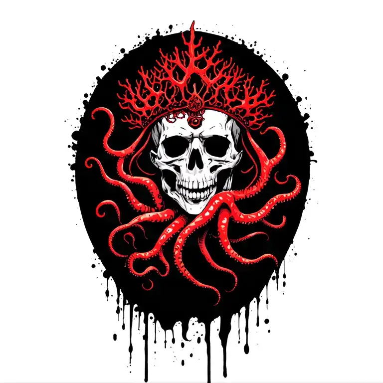King Of Bones With A Coral Crown, Hades 2 Style, Eldritch, Tentacles, Lovecraftian, Deep Sea background, seaweeds tattoo design idea