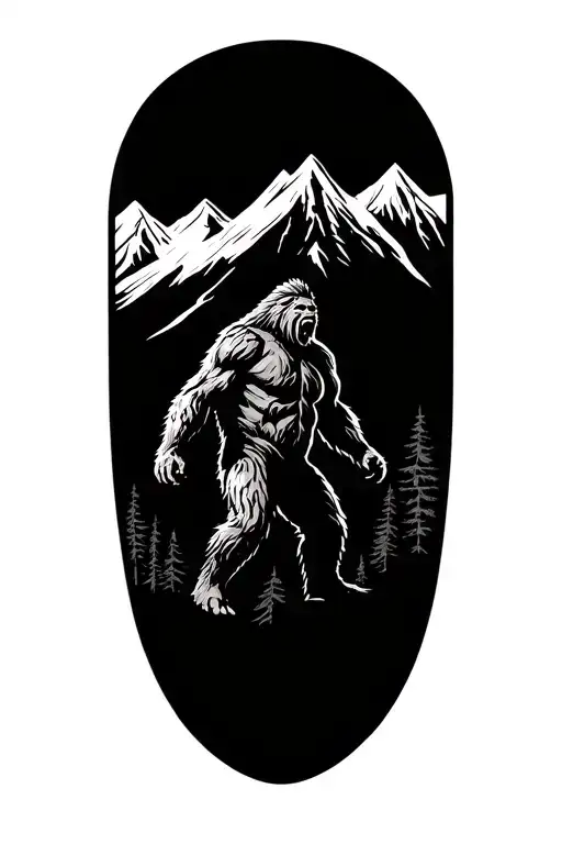 mountain range with a hidden silhouette of bigfoot  tattoo design idea