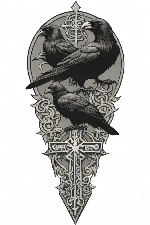 crow family crest with 2 large crows and 4 small crows with celtic cross tattoo design idea