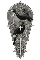 crow family crest with 2 large crows and 4 small crows with celtic cross tattoo design idea