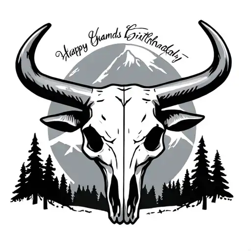 steer skull with grandmas birthday surrounded in mtns tattoo design idea