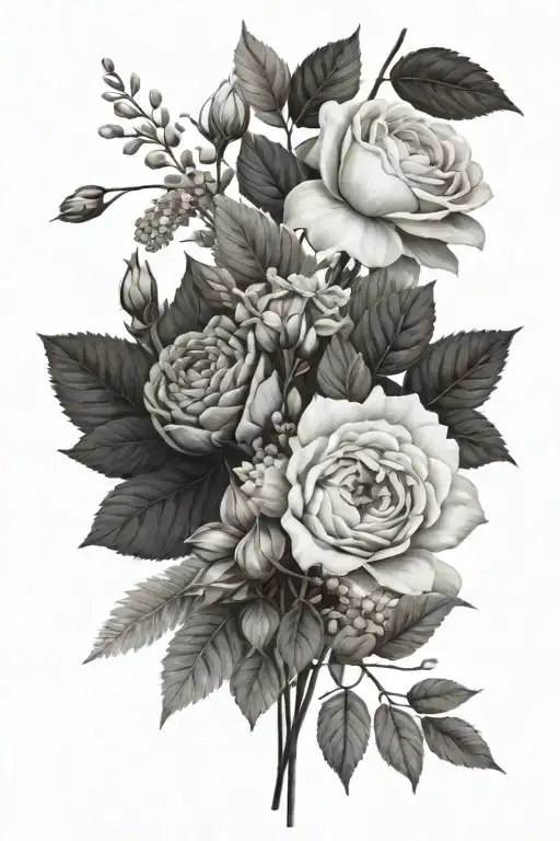pink astilbe, sweet avalanche, white lisianthius, ranunculus, white rose, eucalyptus, foliage bouquet tattoo design idea