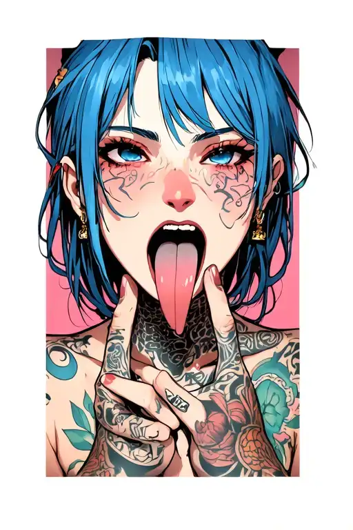 Clean, hentail, nude, bdsm, stick out the tongue, nymphomaniac face, young, sexy front position, blue hair tattoo design idea
