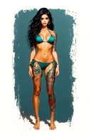Sexy girl, petite, small boobs, wide hips, bikini . long hair,sexual. Seductive. Full Body, standing with legs and feet tattoo design idea