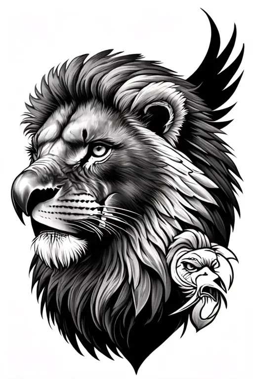 A detailed, lifelike depiction of both animals, perhaps with the lion's face on the upper leg and the eagle's head on th tattoo design idea