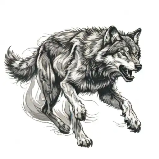 fierce gray wolf running out of time tattoo design idea