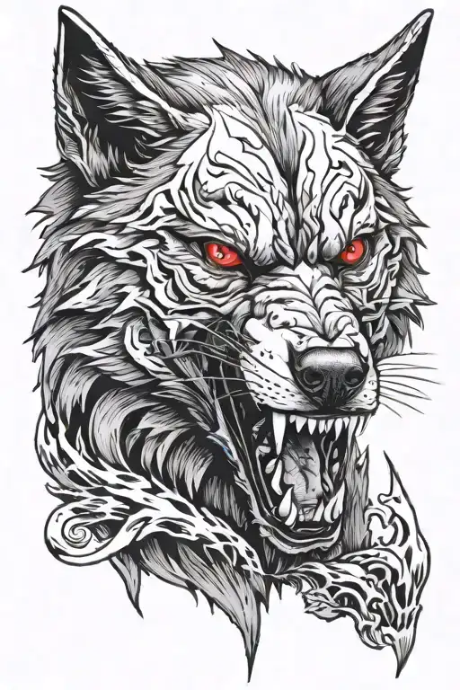 wolf with red eyes that bites and has sharp blooded fangs  tattoo design idea