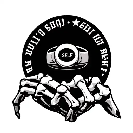 Skeleton hand with ring on middle finger with word self in it tattoo design idea