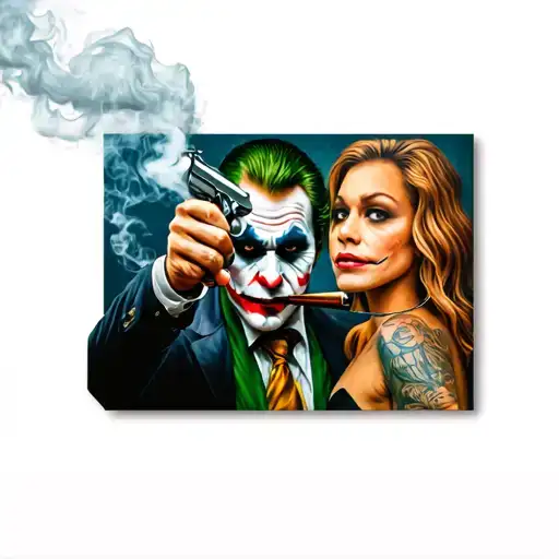 jack Nickerson joker smoking a meth pipe pointing a pistol to topless Scarlett Johanssons head tattoo design idea