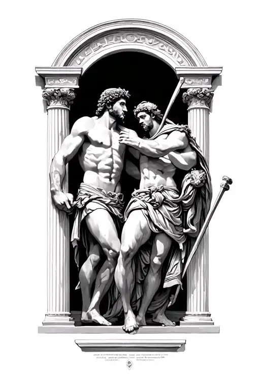 Achilles fighting Hector with Greek architecture tattoo design idea