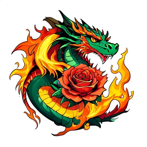 rose on fire breathing dragon tattoo design idea