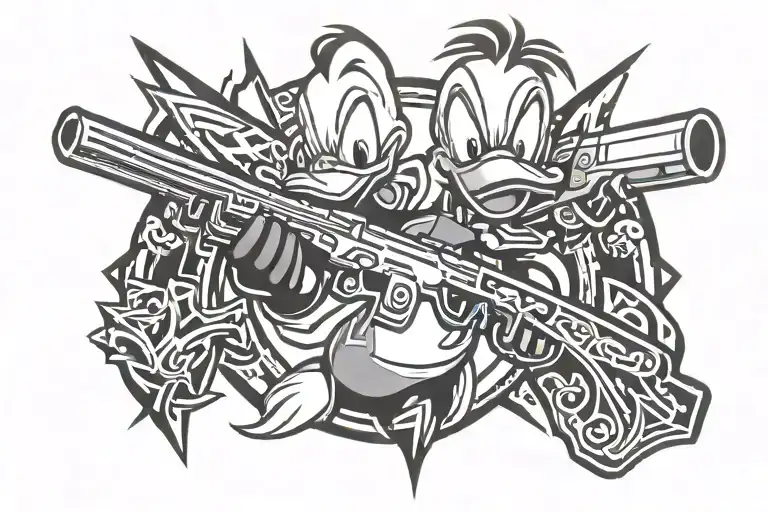 angry Donald Duck and guns tattoo design idea