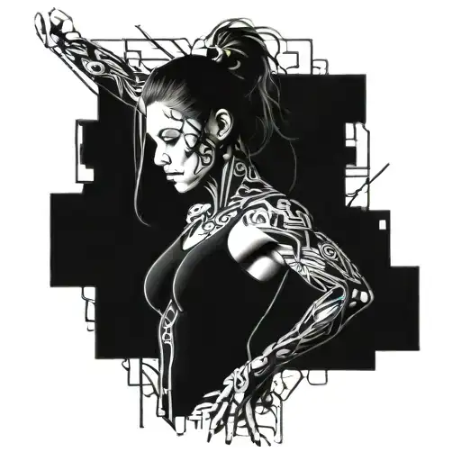 A futuristic women cyborg bodybuilder with intricate circuit patterns integrated into their muscles tattoo design idea