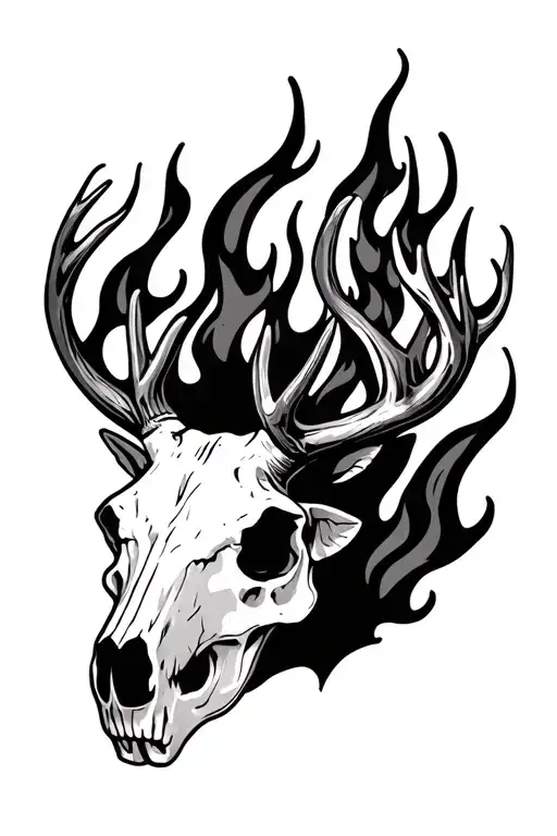 buck skull with fire tattoo design idea