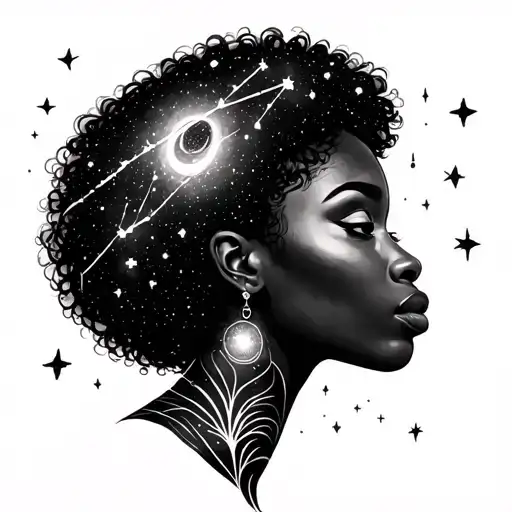 afrocentric female gemini twin with galaxies for hair with stars and constellations in the background  tattoo design idea