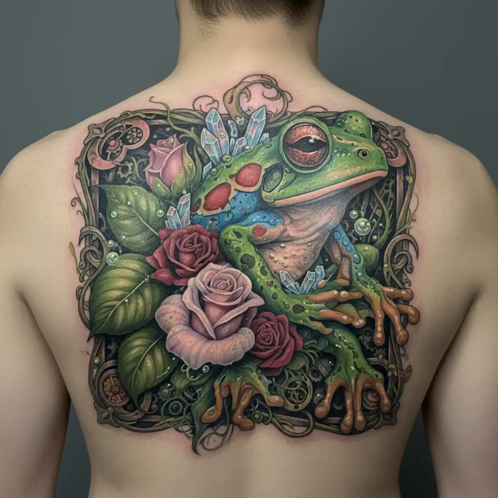 Taino Coqui Frog With rose bouquet wrapped tattoo design idea