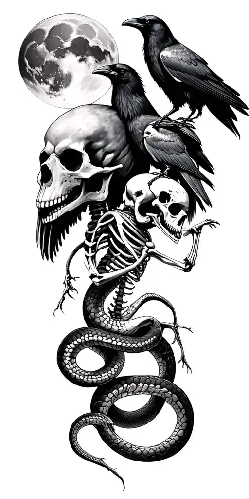bear skull two ravens with the moon snake biting it's tail and human skeleton meditating  tattoo design idea