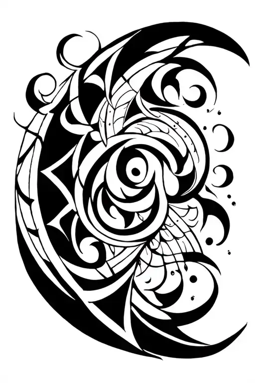 A bold, tribal blackwork tattoo with sharp geometric patterns and flowing organic lines, featuring a crescent moon and a tattoo design idea