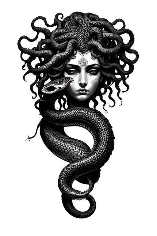 Medusa snake with words "accept what is is, let go of what it was, have faith in what it will be" tattoo design idea