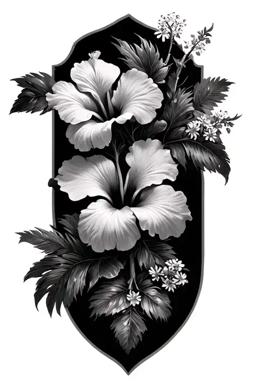 hibiscus vine and flowers, palm  fronds and small flowers tattoo design idea