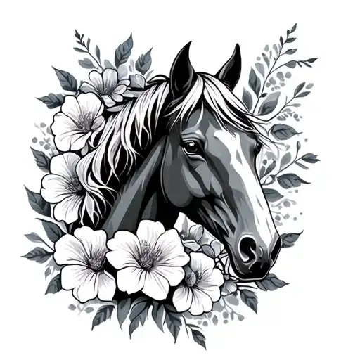 horse head and flowers surrounding tattoo design idea
