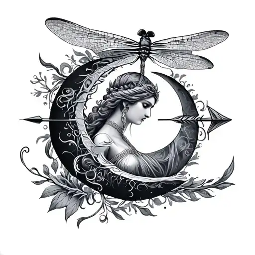 fine needle, delicate inner arm dragon fly and goddess Diana moon and arrow merging tattoo design idea