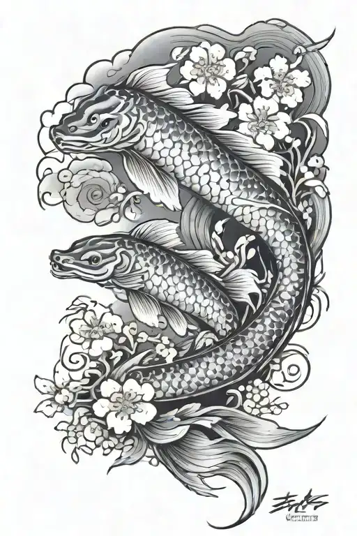 Koi fish, Phoenix, Cherry blossom, Ronin samurai, Katana, Mountain, Snow, Tattoo arm sleeve tattoo design idea