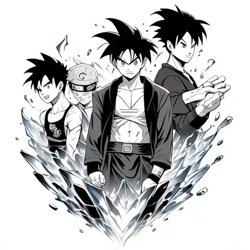 tattoo where anime characters Naruto,goku,luffy,zoro,gojo,zenitsu,killua,yuji,Sung Jinwoo, are coming out of a krystal a tattoo design idea