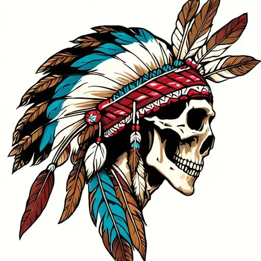 side profile tradition skeleton with American Indian feathers on head tattoo design idea