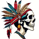 side profile tradition skeleton with American Indian feathers on head tattoo design idea