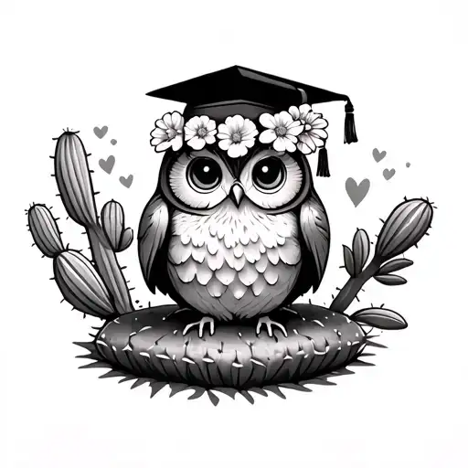 cute graduating owl with flower crown sitting on a cactus tattoo design idea