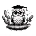 cute graduating owl with flower crown sitting on a cactus tattoo design idea