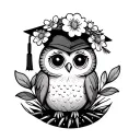 cute graduating owl with flower crown sitting on a cactus tattoo design idea