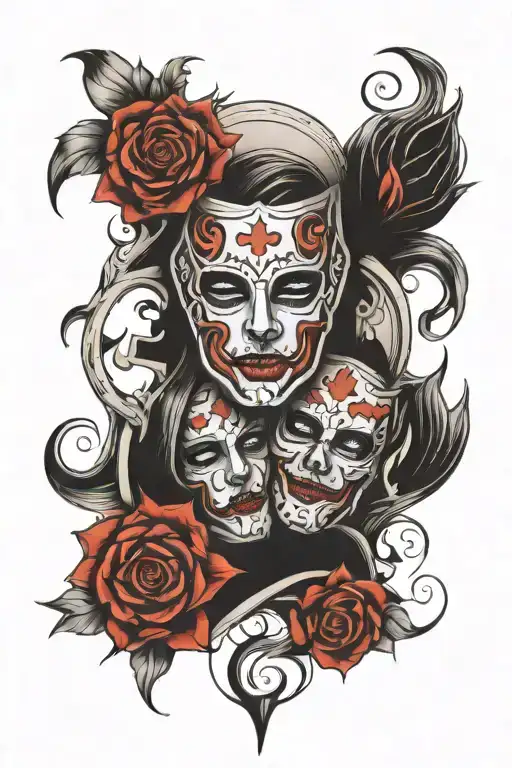 Drama masks mixed with bad , Hour glass,gateway tattoo design idea