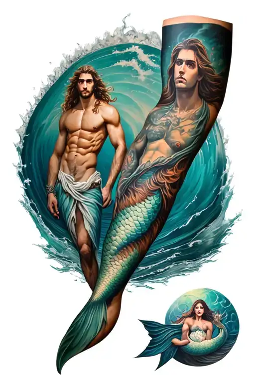forearm sleeve tattoo featuring poseidon and a sexy mermaid  tattoo design idea