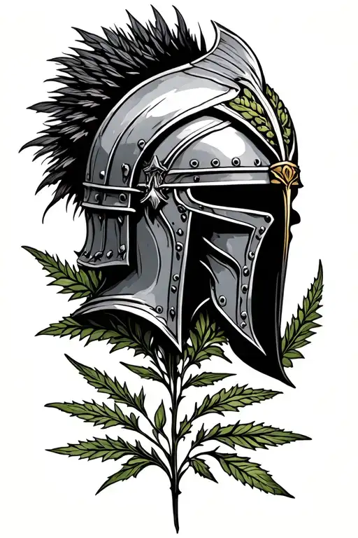 Please generate a tattoo design for a medieval segmented helmet with camail on mugwort plants. Please in woodcut style tattoo design idea