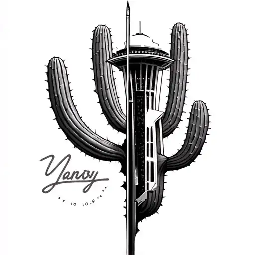half cactus half space needle tattoo design idea