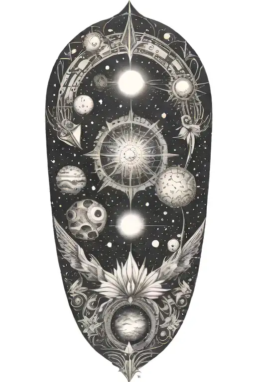 A celestial sleeve tattoo incorporating elements of the universe and ancient Sumerian motifs tattoo design idea