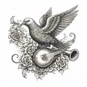 An intricate design of a dove carrying a musical instrument and a holy cross tattoo design idea
