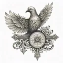 An intricate design of a dove carrying a musical instrument and a holy cross tattoo design idea