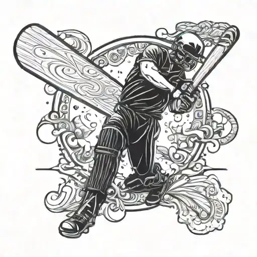 A detailed cricket bat with a blackwork design of cricket players in action tattoo design idea