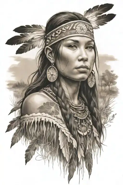  young beautifull native american woman, river, meadow tattoo design idea