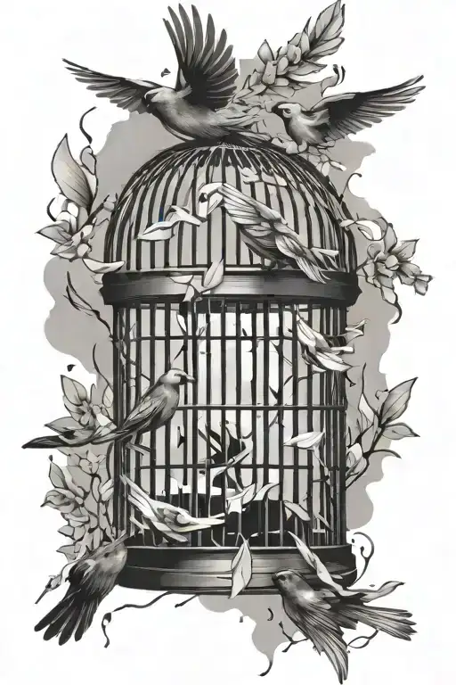 birds flying out of a cage shattered tattoo design idea