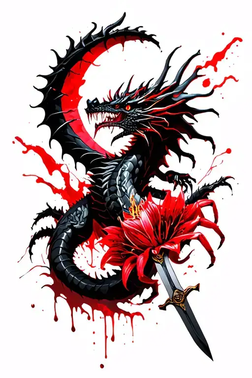 evil black dragon with red spider lily and half moon sword  tattoo design idea