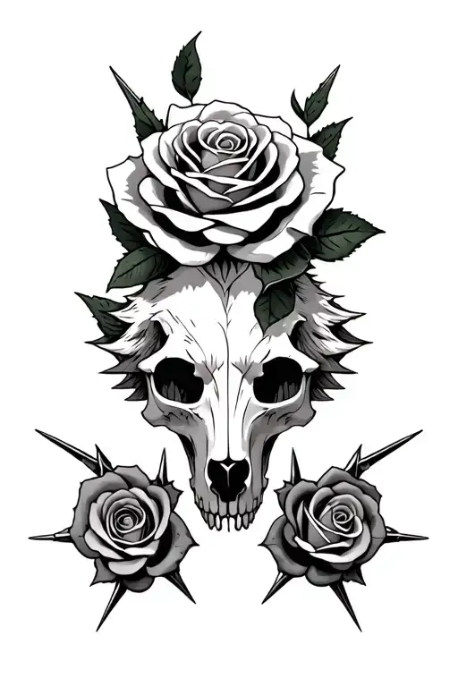 wolf skull,  rose wraped around two to three roses on top, spikes, -slavic symbols: Stribog, Morok, Belobog tattoo design idea