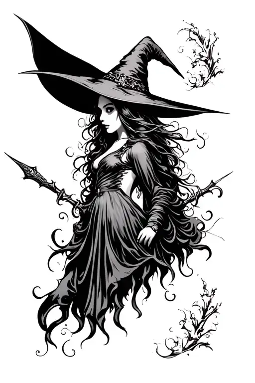 Design a black and white half sleeve tattoo that will cover my upper arm and shoulder- the main part will be of a witch tattoo design idea