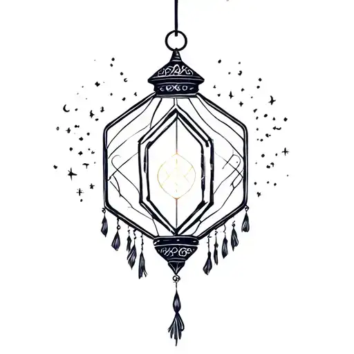 Korean style tattoo of lantern hexagon with glowing light inside with delicate tassels trails and sparkles tattoo design idea