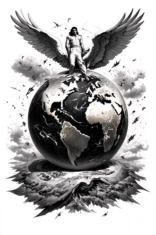 Scarface the world is yours globe and Icarus falling on top. black and white tattoo design idea