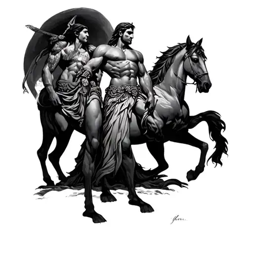Ares Athena back to back below Poseidon next to a horse and below him Hades with a bident and cerb tattoo design idea