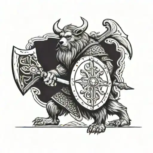 viking with axe and shield, bear standing tattoo design idea